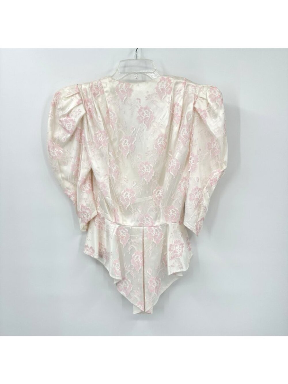 vintage 80s COQUETTE FLORAL BLOUSE XS victorian puff shoulders pink peplum retro - Picture 7 of 11
